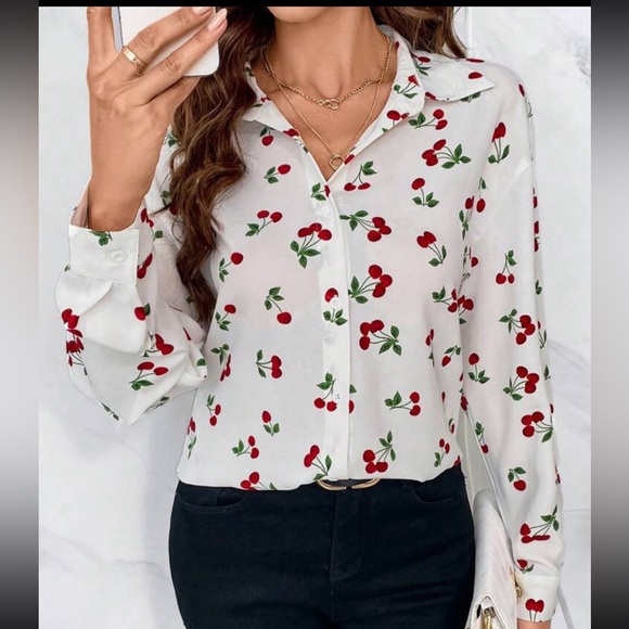 Classic Work Cherry Print Office Top Button Down Up Shirt Blouse White Red - Picture 3 of 5